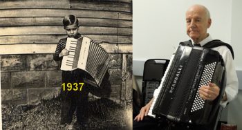 Don Francois with his accordian in 1937 and now